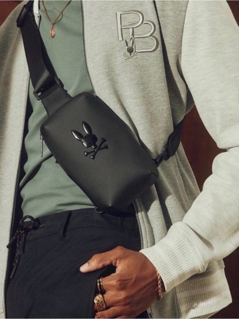 Psycho Bunny  - Mens Rubberized Crossbody Black Strap Man Bag